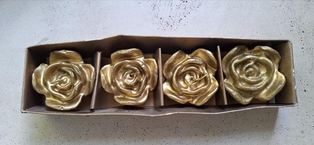 Setje van 4 gouden drijfkaarsen, Huis en Inrichting, Overige kleuren, Ophalen of Verzenden, Zo goed als nieuw, Kaars