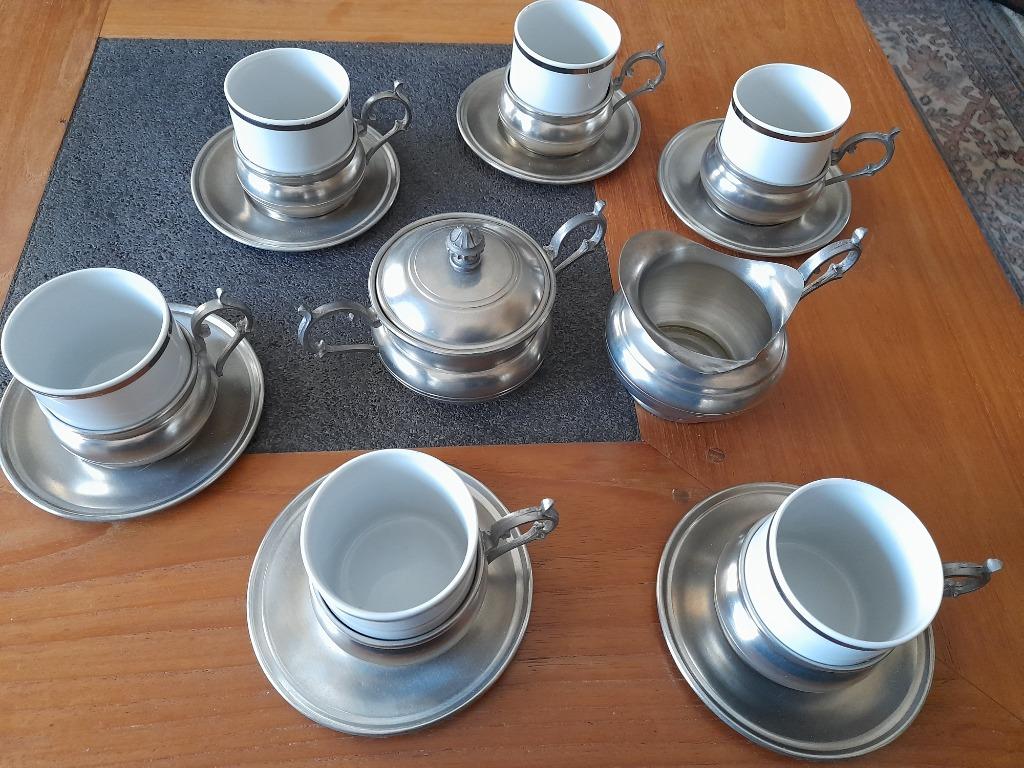 Fijn tinnen koffiesevies / mokkaservies, Antiek en Kunst, Antiek | Tin, Ophalen