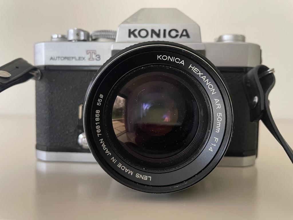 Konica autoreflex T3 + lens hexanon AR 50mm F1.4, Ophalen, Gebruikt, Spiegelreflex, Konica