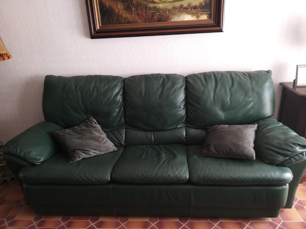 donkergroen lederen salon 3 +1 +1 relax, Ophalen, Gebruikt, Leer, Landelijk