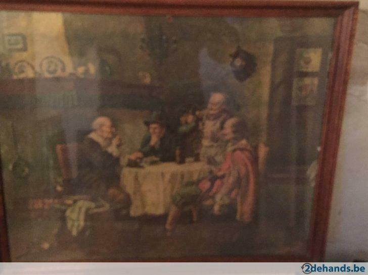 vier oude mannen rond de tafel     mooie prent, Antiek en Kunst, Ophalen of Verzenden
