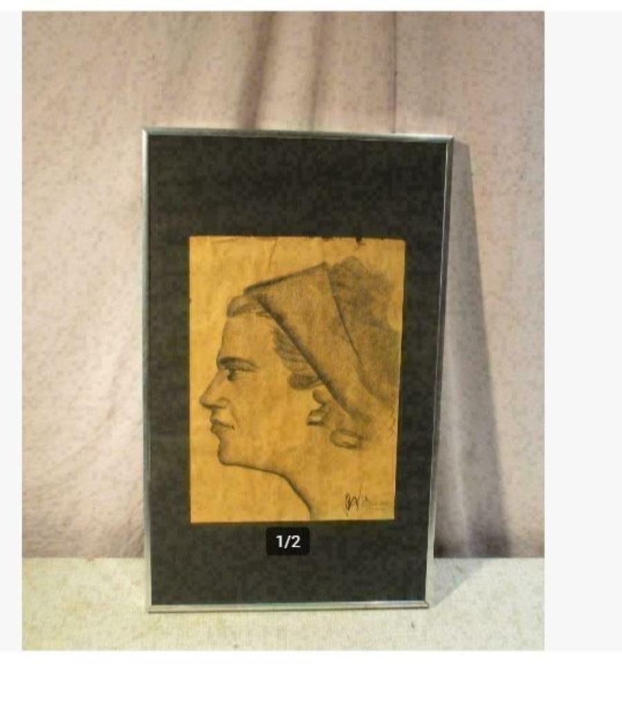 Mooie Oude Tekening 'Vrouw met Hoofdsjaal' - gesigneerd 1955, Ophalen of Verzenden