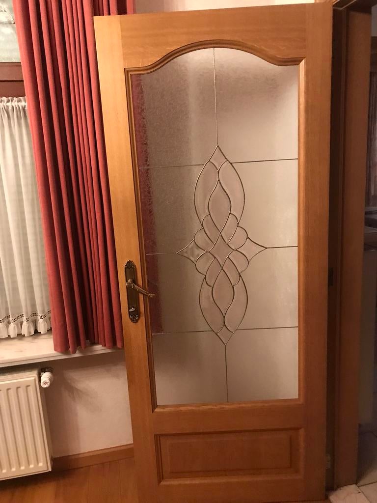 Massief eiken binnendeur met ambachtelijk geslepen loodglas, Ophalen, Gebruikt, 80 tot 100 cm, Binnendeur