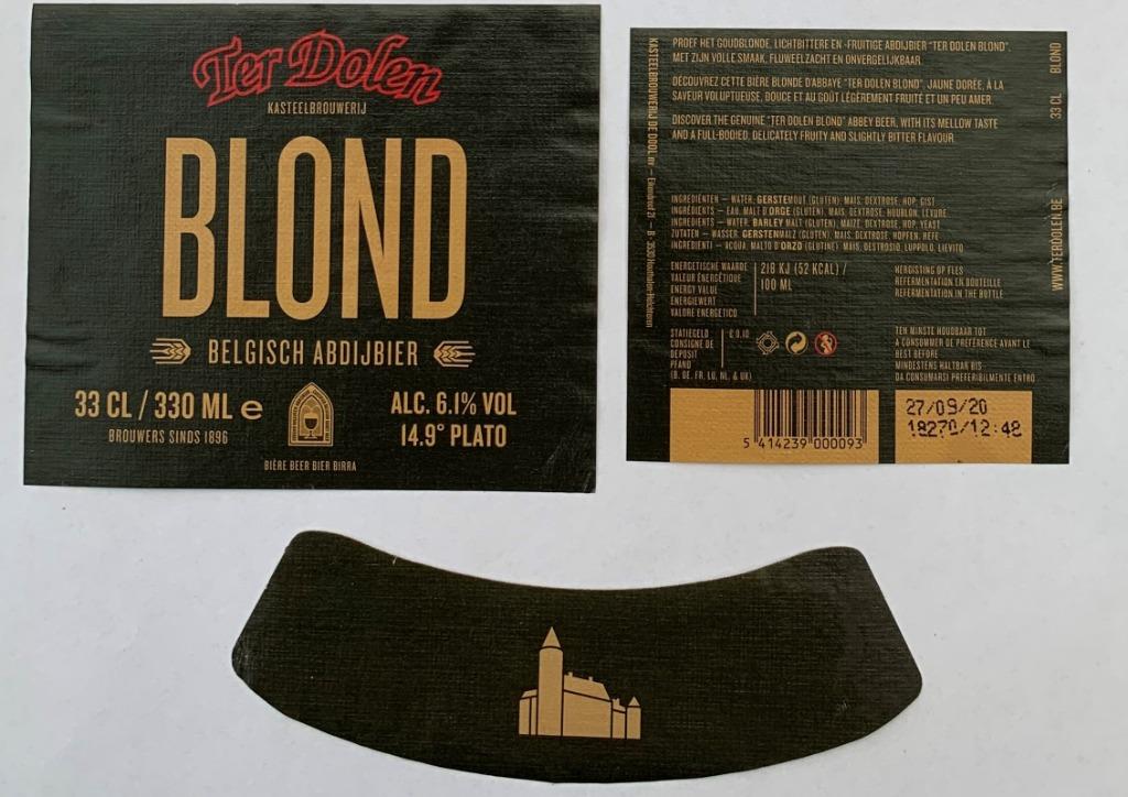 Bieretiket Ter Dolen blond brouwerij Ter Dolen (3i8), Verzamelen, Ophalen of Verzenden, Gebruikt