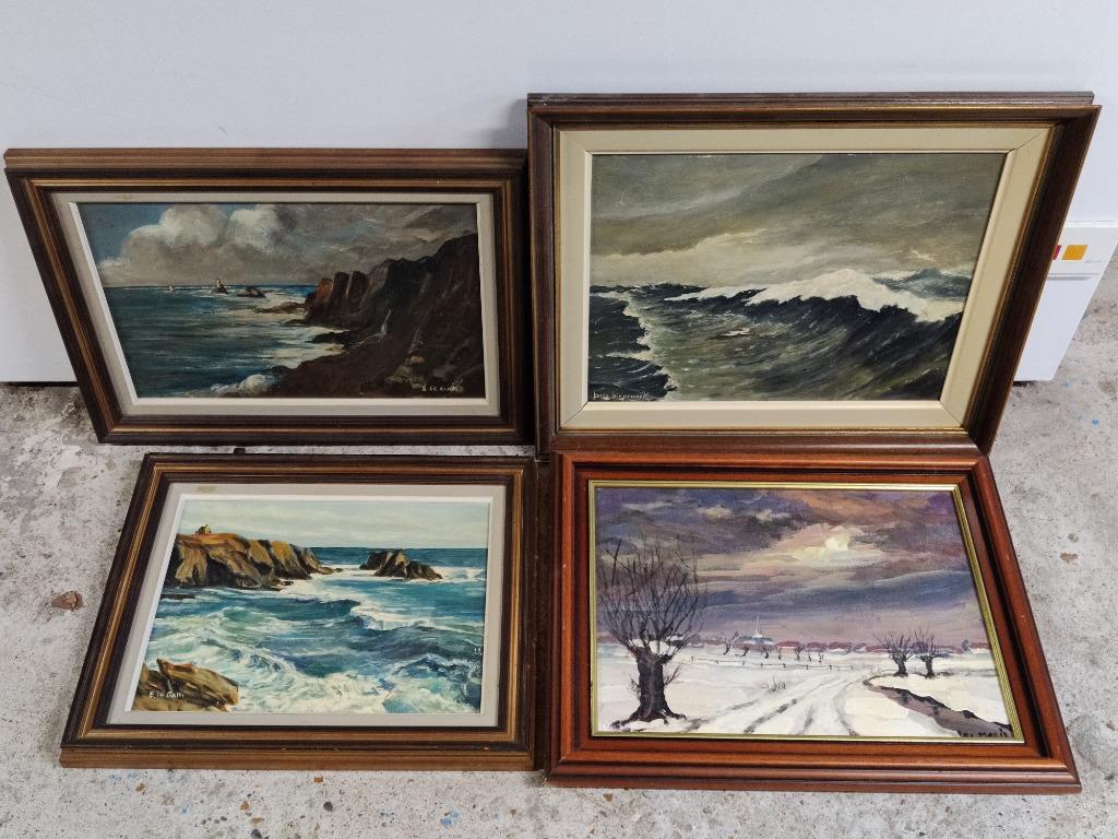 Lot van 4 schilderijen - Getekend, Ophalen of Verzenden