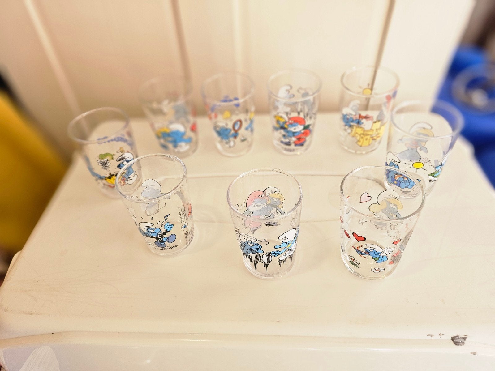 Schtroumpfs en verre vintage 9 pièces, Collections, Enlèvement ou Envoi