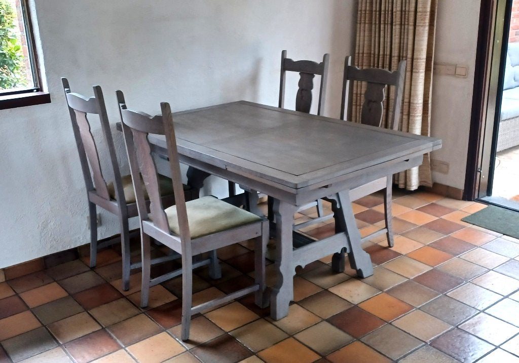 Klassieke uitrekbare eettafel met 4 stoelen - 150 x 90 cm, Ophalen, Gebruikt, Klassiek, 50 tot 100 cm