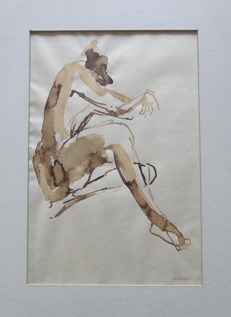 VIVIANNE VANOPPEN / NAAKTE VROUW / ORIGINEEL / 42x32cm KADER, Antiek en Kunst, Figuren, Papier/karton, Ophalen of Verzenden, Gemengde techniek