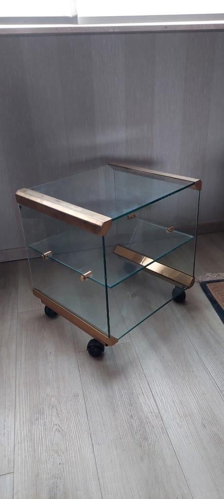 Vintage design trolley bijzettafelje, Ophalen, Gebruikt, Glas, Vierkant