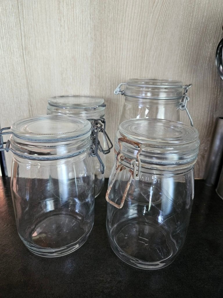 Lot 4 bocaux style Weck 1L et 1L500, Enlèvement, Utilisé, Verre, Récipient(s)