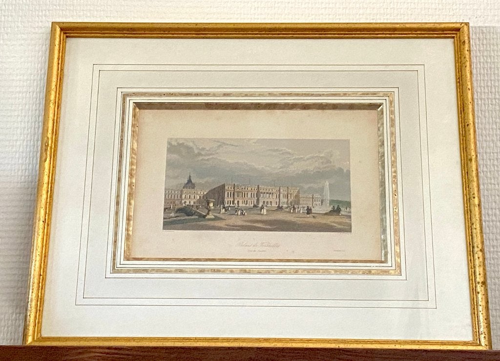 Ingelijste gravure Paleis van Versailles 19e eeuw, Antiek en Kunst, Ingelijst, 1800 - 1899, Architectuur, Ophalen of Verzenden