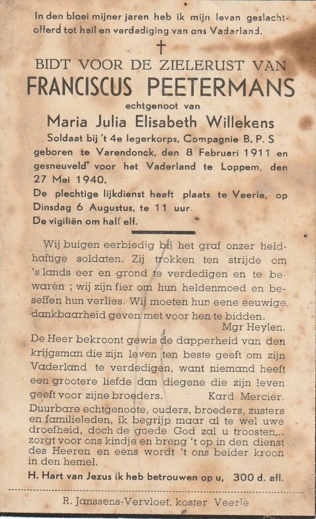 Gesneuvelde 1940-45 Franciscus Peetermans 27.05.1940, Verzamelen, Bidprentjes en Rouwkaarten, Verzenden