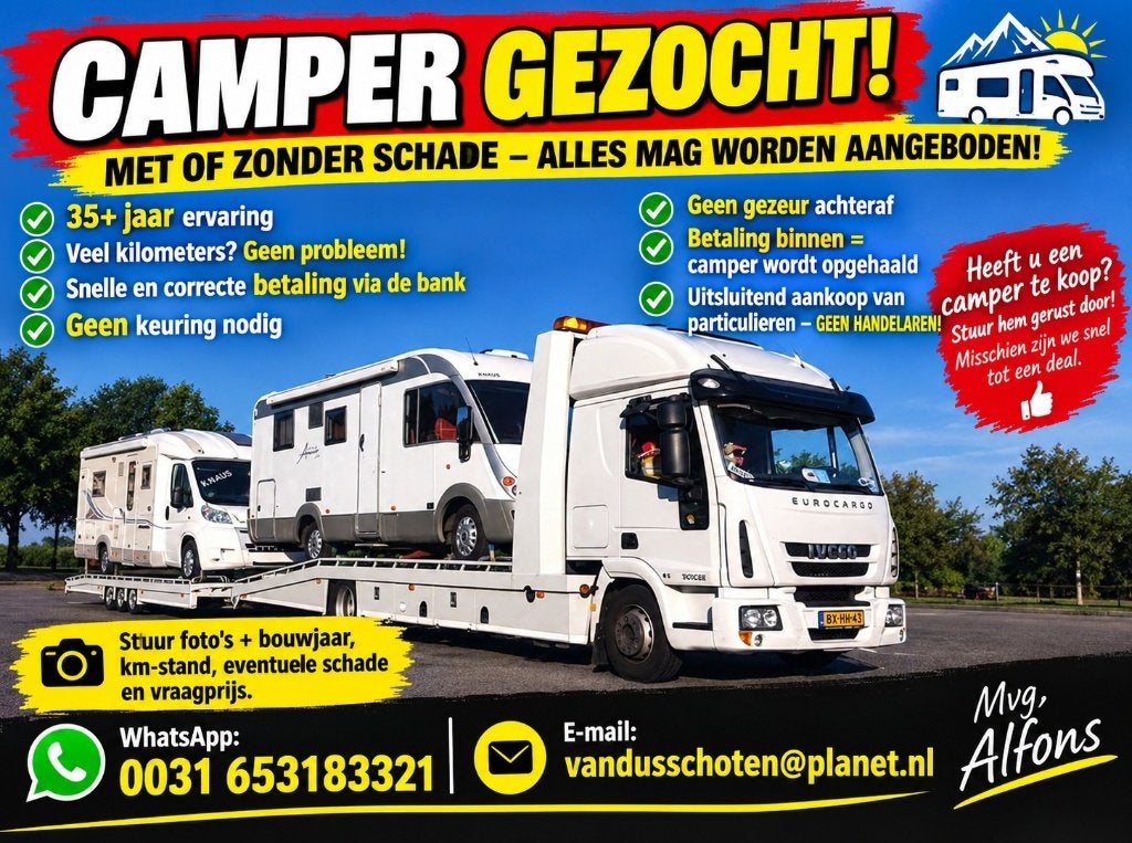 CAMPERS GEZOCHT!  Snelle en correcte Afwikkeling, Bedrijf, Diesel, Half-integraal, Overige merken
