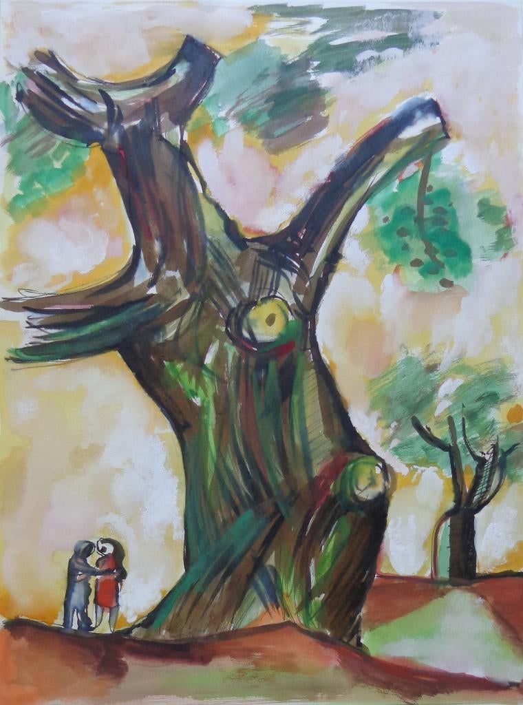 JOEL KASS / LEVENSBOOM / ORIGINEEL WERK / 76x56cm, Antiek en Kunst, Ophalen of Verzenden, Gesigneerd, Aquarel