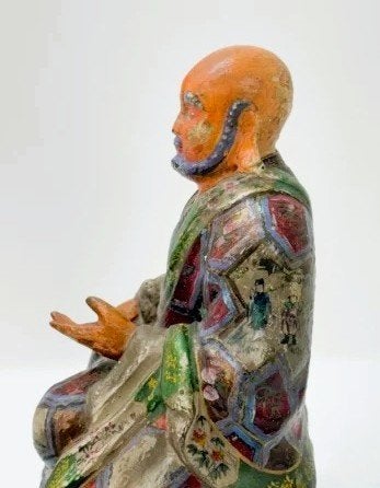 Sauge asiatique sculptée en bois et polychromée., Antiquités & Art, Fait main, Statue, Bois, Enlèvement ou Envoi