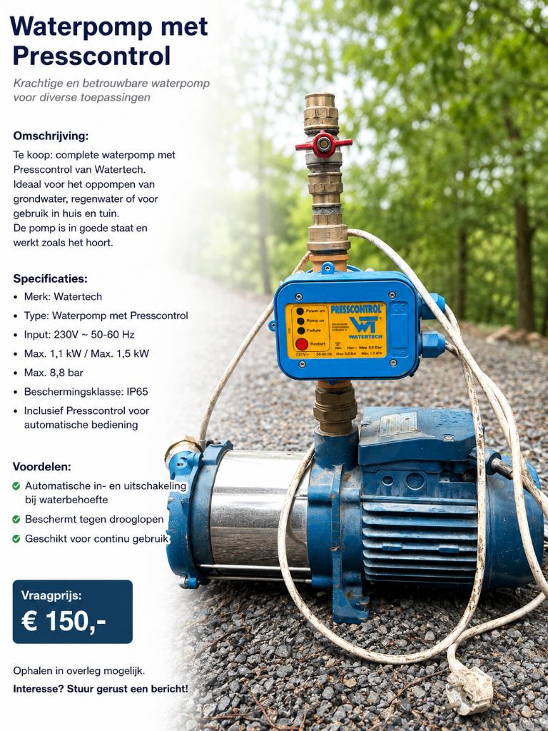 Waterpomp met automatische Presscontrol – Watertech, Ophalen, Gebruikt, Elektrisch, Bronpomp