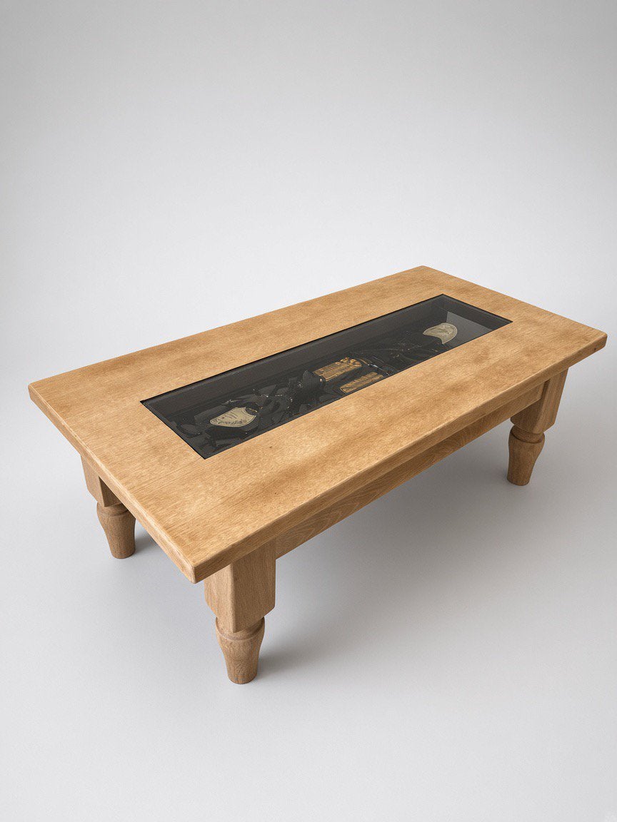 Unieke eiken salontafel met Dom Pérignon vitrine, Huis en Inrichting, Tafels | Salontafels, Ophalen, Zo goed als nieuw, Glas