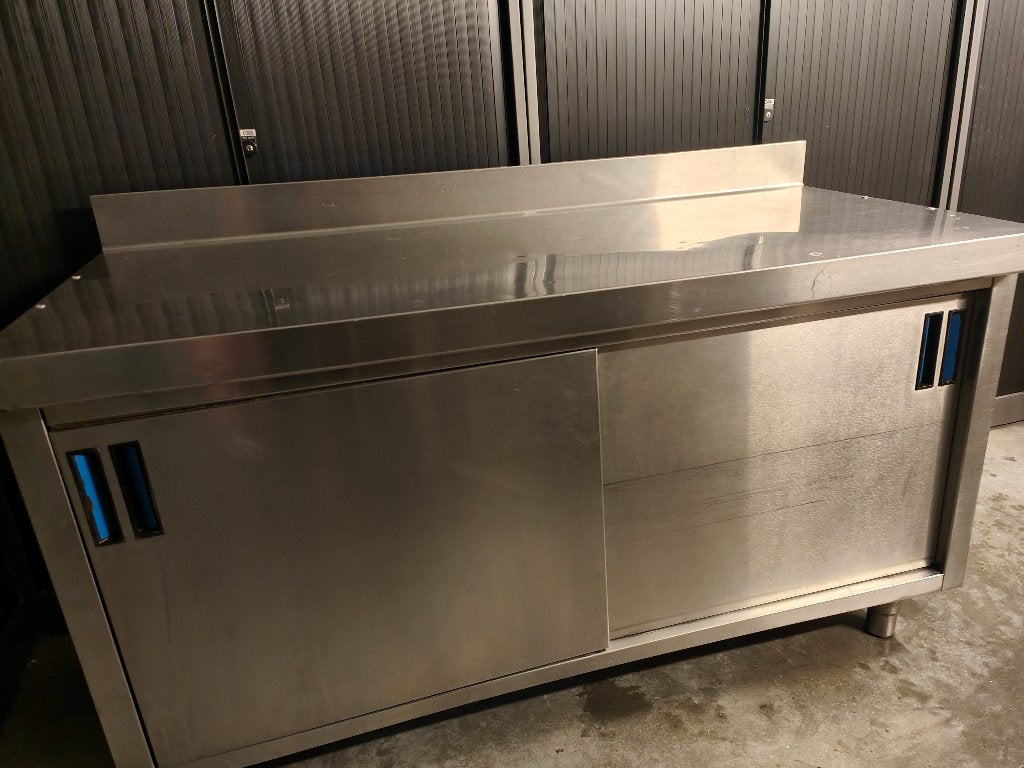 RVS Weerkbank - Werktafel, onderstel met schuifdeuren 149x85, Huis en Inrichting, Keuken | Keukenelementen, Gebruikt, Minder dan 100 cm