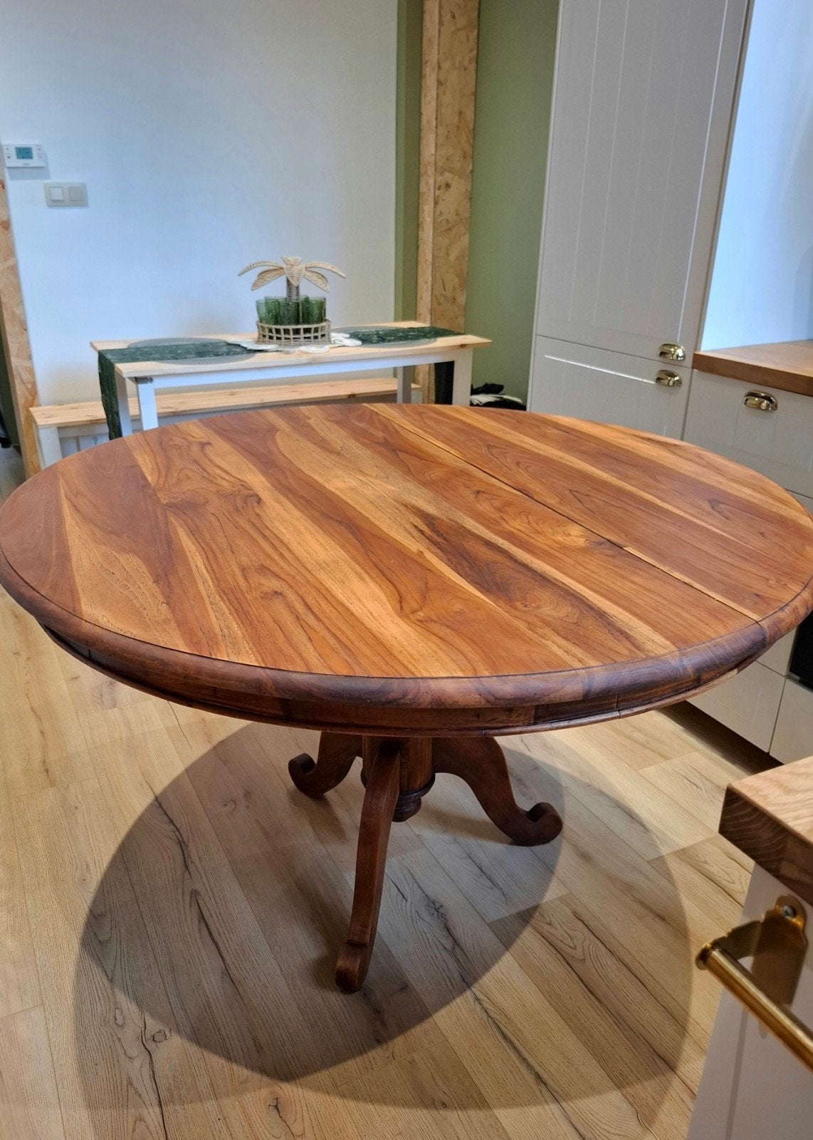 Table à manger ronde (teck massif) 130 cm – Pied démontable, Maison & Meubles, Enlèvement