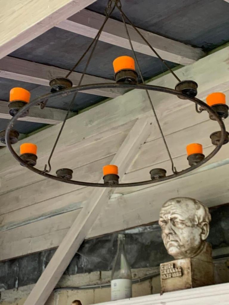 gietijzeren luchter met kaarsjes, Huis en Inrichting, Lampen | Kroonluchters, Ophalen, Gebruikt, Metaal, Landelijk