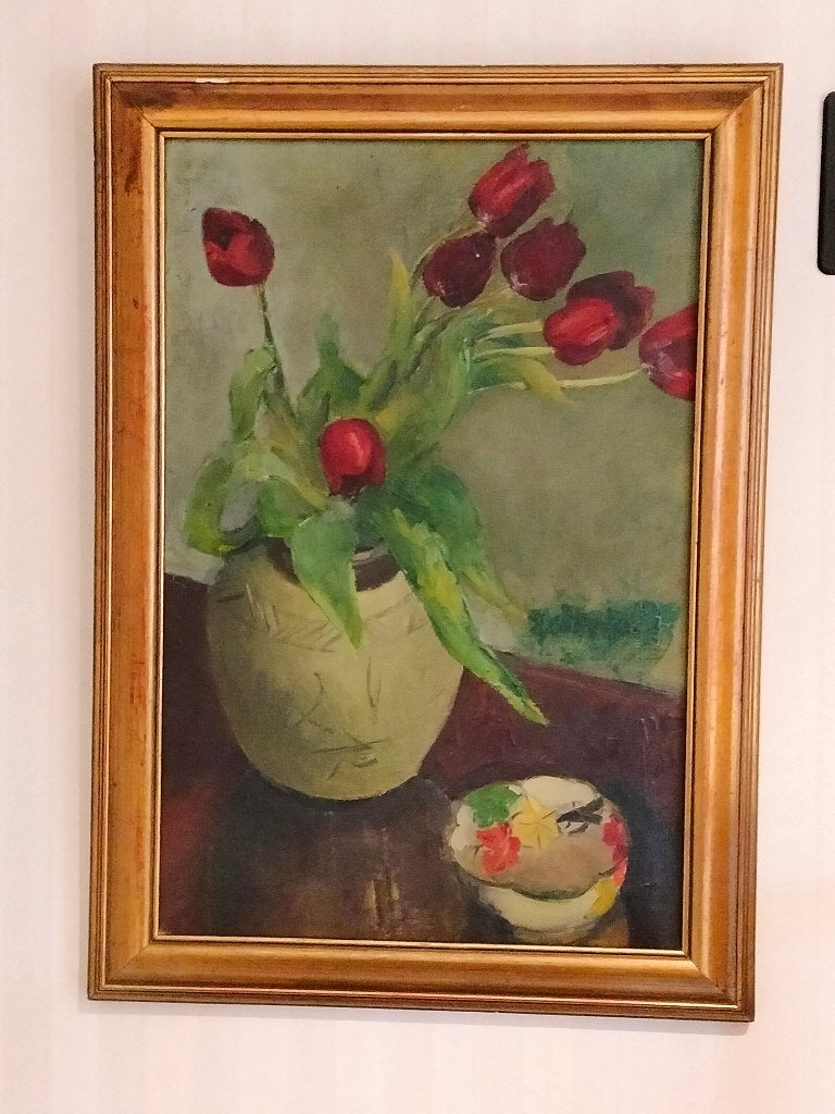 schilderij met tulpen in vaas, Antiek en Kunst, Doek, Klassiek, Handgeschilderd, Ophalen