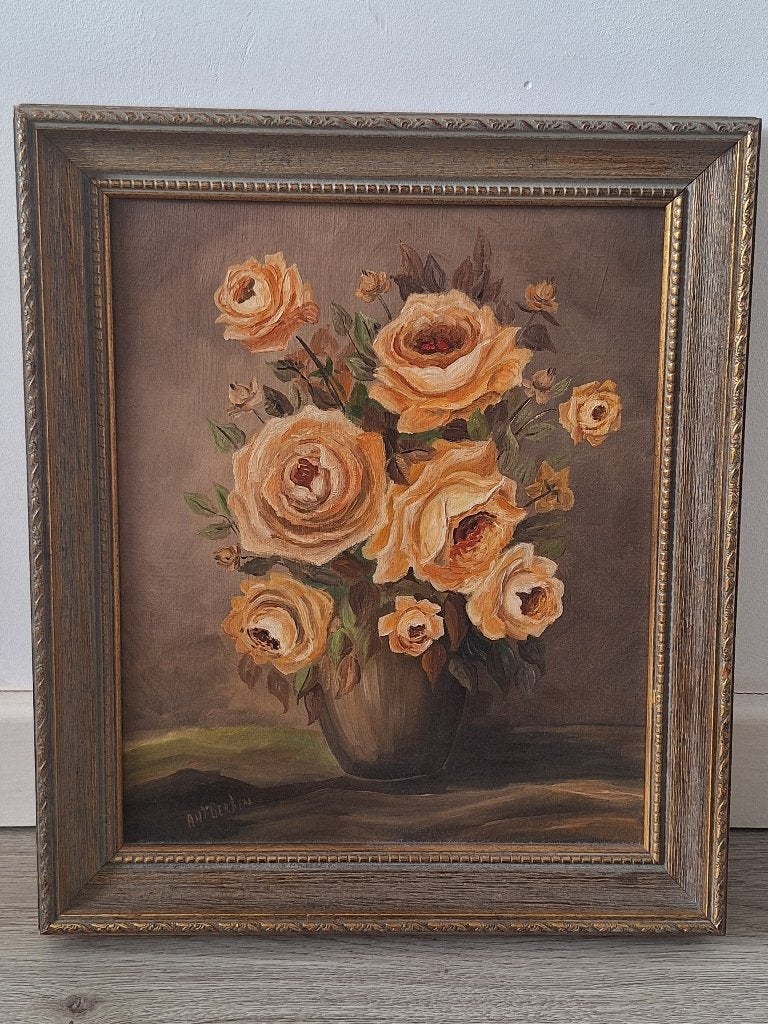 Schilderij: Stilleven met Rozen, gesigneerd Ant. Berben, Antiek en Kunst, Doek, Stilleven, Ophalen of Verzenden, Klassiek