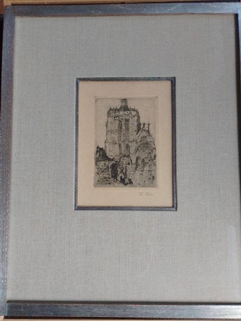 Walter Vaes  1882 - 1958  Ets  Kerktoren, Verzenden, Ets, Gesigneerd