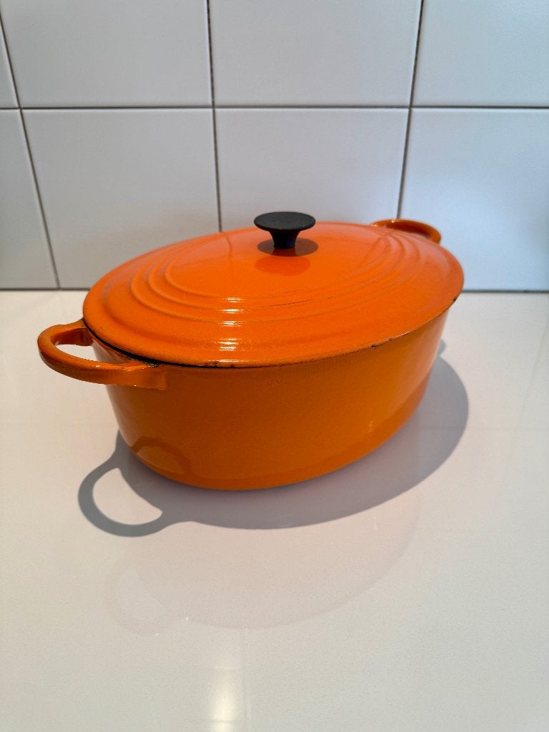 Vintage Le creuset braadpan / stoofpot, Huis en Inrichting, Ophalen, Gebruikt, Gietijzer, Keramische plaat
