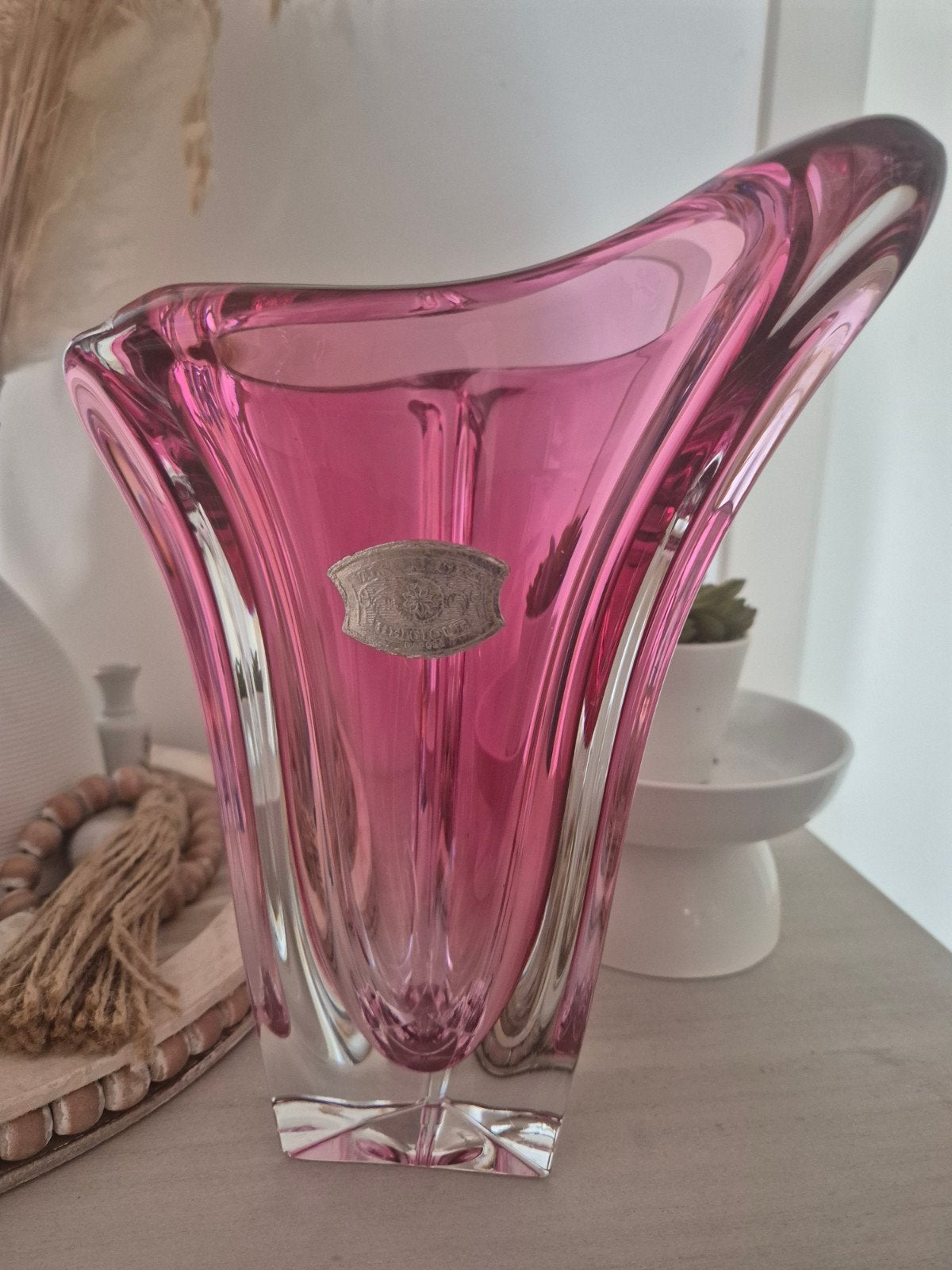 Val Saint Lambert Vintage kristallen gesigneerde vaas — roze, Antiek en Kunst