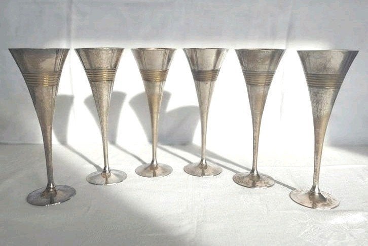 Set van 6 vintage verzilverde koperen champagnefluiten, Antiek en Kunst, Antiek | Glaswerk en Kristal, Ophalen of Verzenden