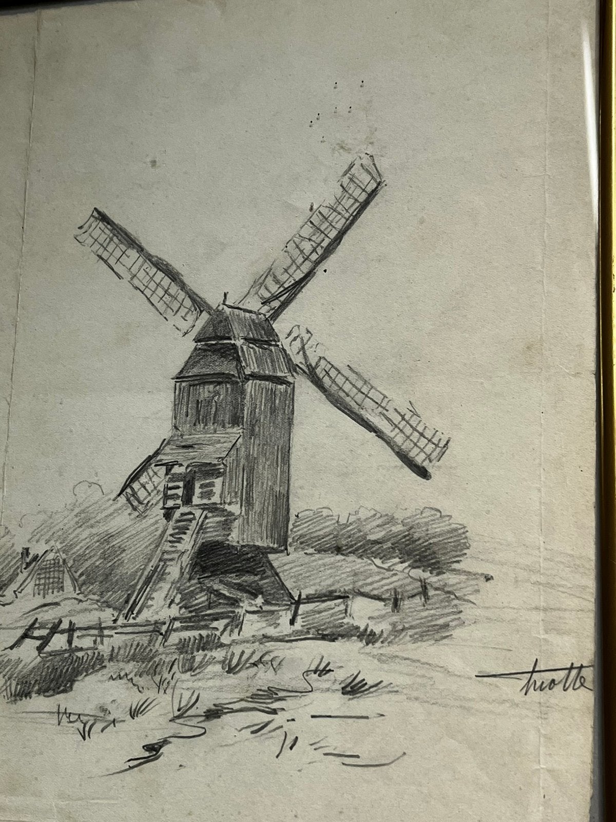 Esquisse originale étude moulin signée Motte (Emile), Mons, Antiquités & Art, Enlèvement ou Envoi, Signé
