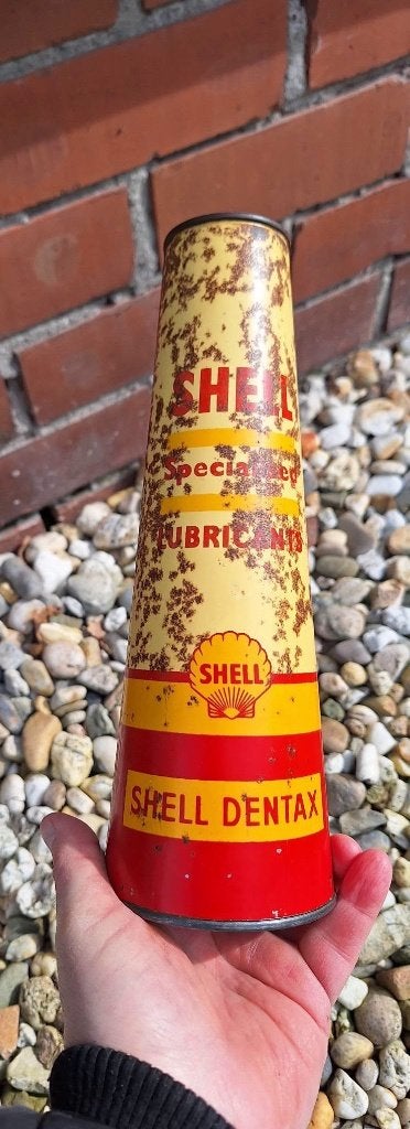 Shell Dentax kegelvormig, conisch olieblik jaren '30/'40., Verzamelen, Ophalen of Verzenden, Gebruikt, Verpakking