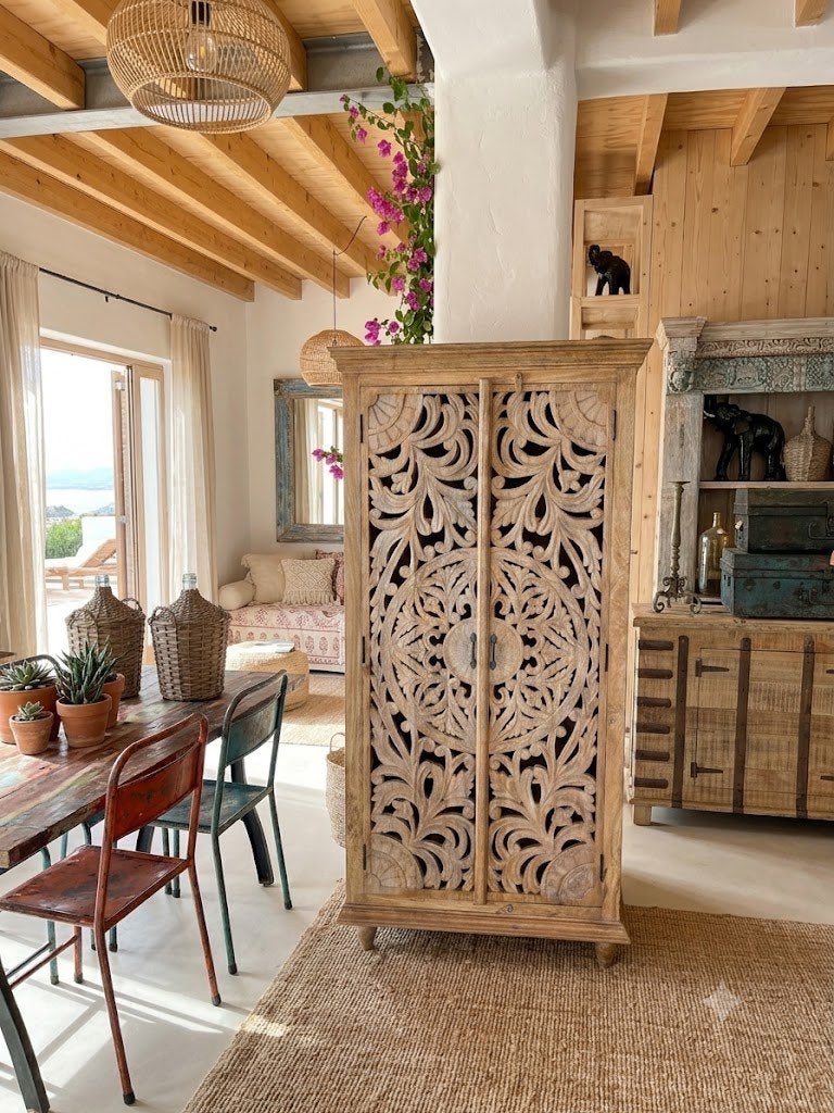 Handgesneden Kast uit India Uniek exemplaar Ibiza/Boho, Neuf, Avec porte(s), 25 à 50 cm, Ibiza/Boho/Botanisch