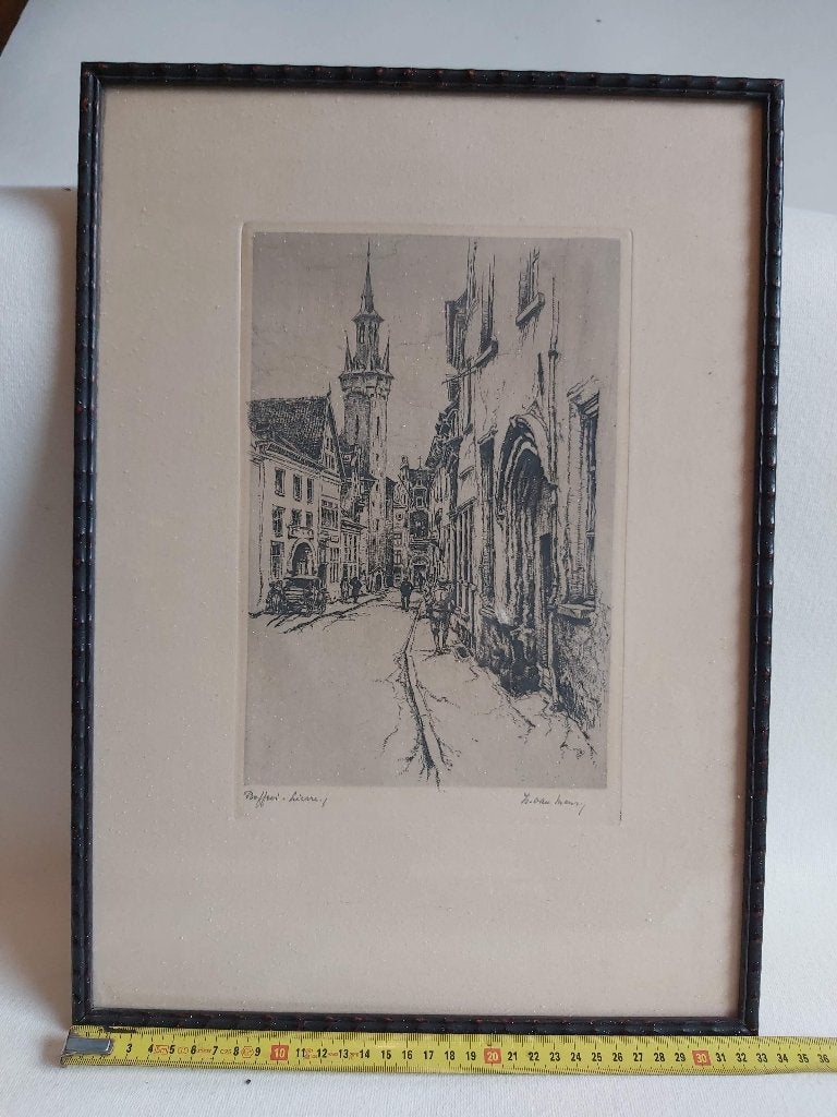Gravure Lier, Isidore van Mens, Antiek en Kunst, Stadsgezicht, Gravure, 1900 - 1949, Ophalen