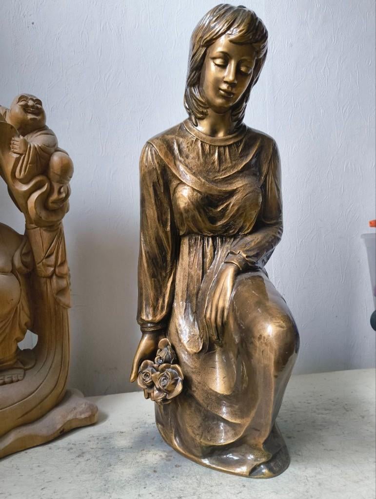 Bronzen beeld Dame met bloemen 12 kg, Antiek en Kunst, Ophalen, Brons