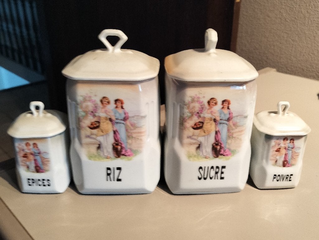 Art Deco Keukenset Porselein 2 hoge en 2 kleine potten, Antiek en Kunst, Ophalen of Verzenden