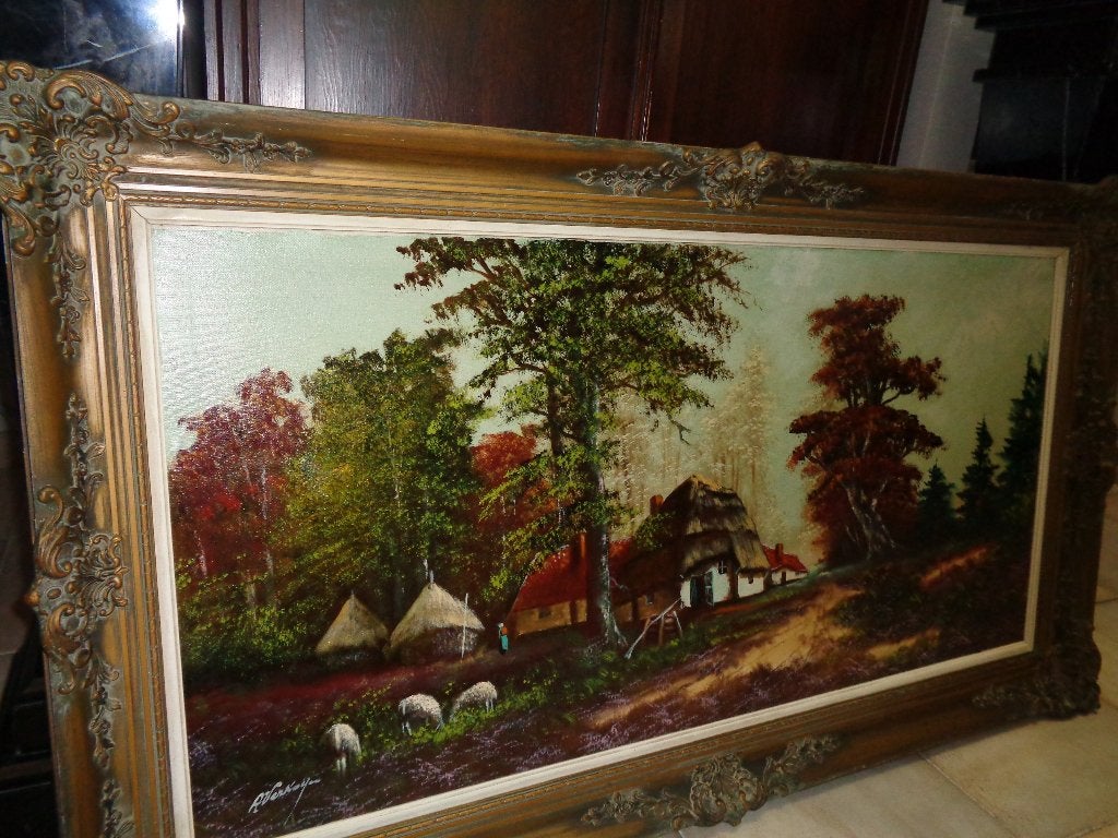 *Grote prachtige gesigneerde schilderij met zéér mooie kader, Ophalen, Bijzondere lijst, Doek