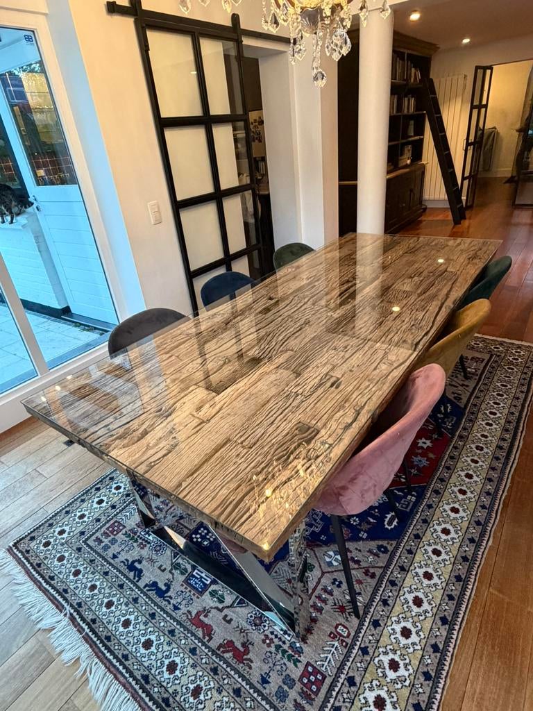 Table  bois massif brut + verre + 6 chaises – haut de gamme, Maison & Meubles, Tables | Tables à manger, -, _, Comme neuf, 100 à 150 cm