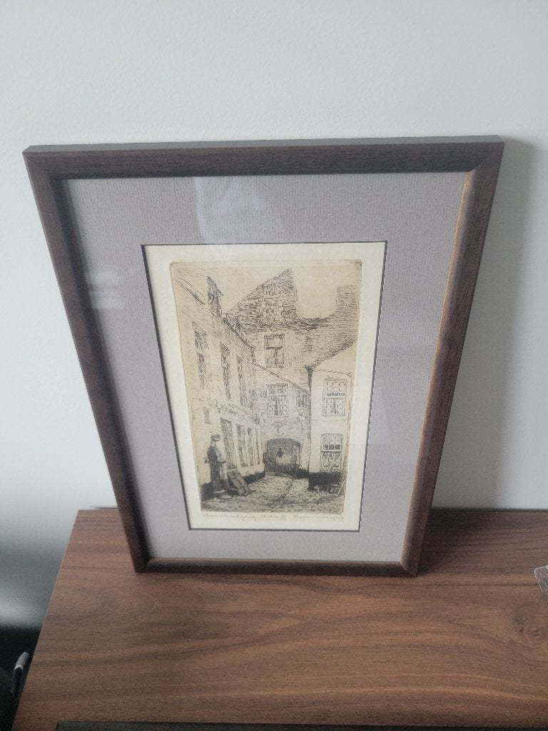 Fraaie ets "Vlaaikensgang" Antwerpen van Romain Malfliet, Antiek en Kunst, Kunst | Etsen en Gravures, Ophalen, Landschap, Ets