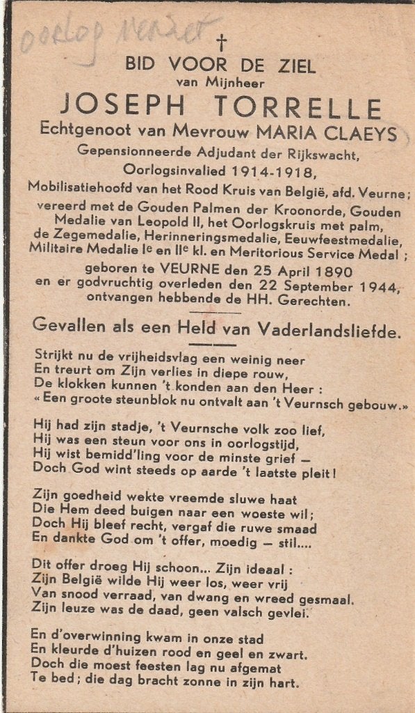 Oorlog 1940-45 Joseph Torrelle  verzet, Verzamelen, Ophalen of Verzenden
