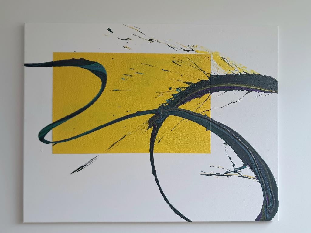 Abstract Modern Acryl canvas 70*90cm - wit/geel, Antiek en Kunst, Kunst | Schilderijen | Modern, Ophalen