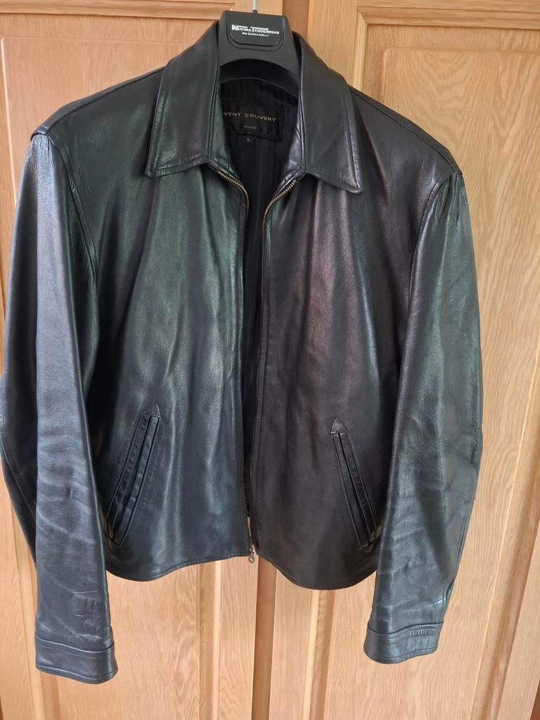 L zwarte leren jas met ventilatierooster, Kleding | Heren, Jassen | Zomer, Gedragen, Maat 52/54 (L), Zwart