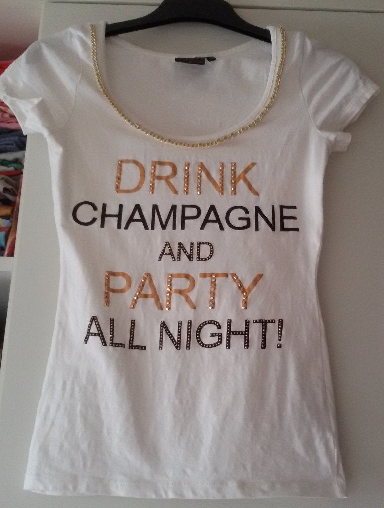 T-shirt-manches courtes-blanc texte Champagne- S-Coolcat, Manches courtes, Taille 36 (S), Comme neuf, Coolcat