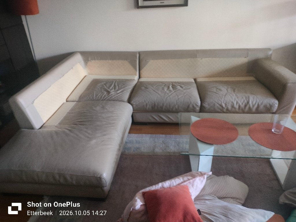 Canapé d’angle droit en cuir beige – À DONNER – Etterbeek, Enlèvement, Utilisé, Cuir, Contemporain