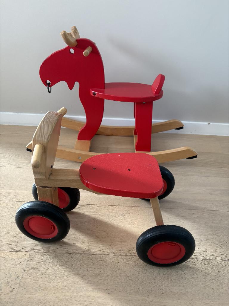 Set loopfiets + paard/eland met houten schommel, Ophalen, Gebruikt