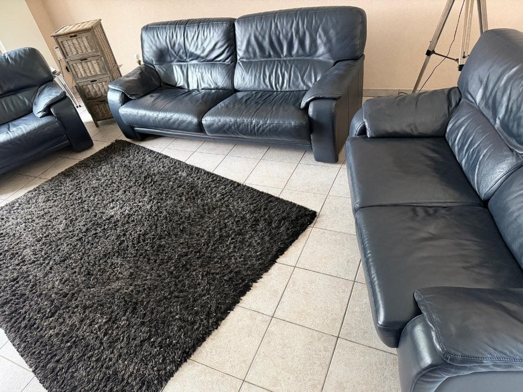 Blauwe leren zetels (3 delig), Ophalen, Gebruikt, Overige maten, 150 tot 200 cm