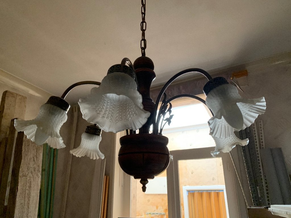 Klassiek /landelijke  kroonluchter met 5 lichtpunten, Huis en Inrichting, Lampen | Kroonluchters, Ophalen, Gebruikt, Hout