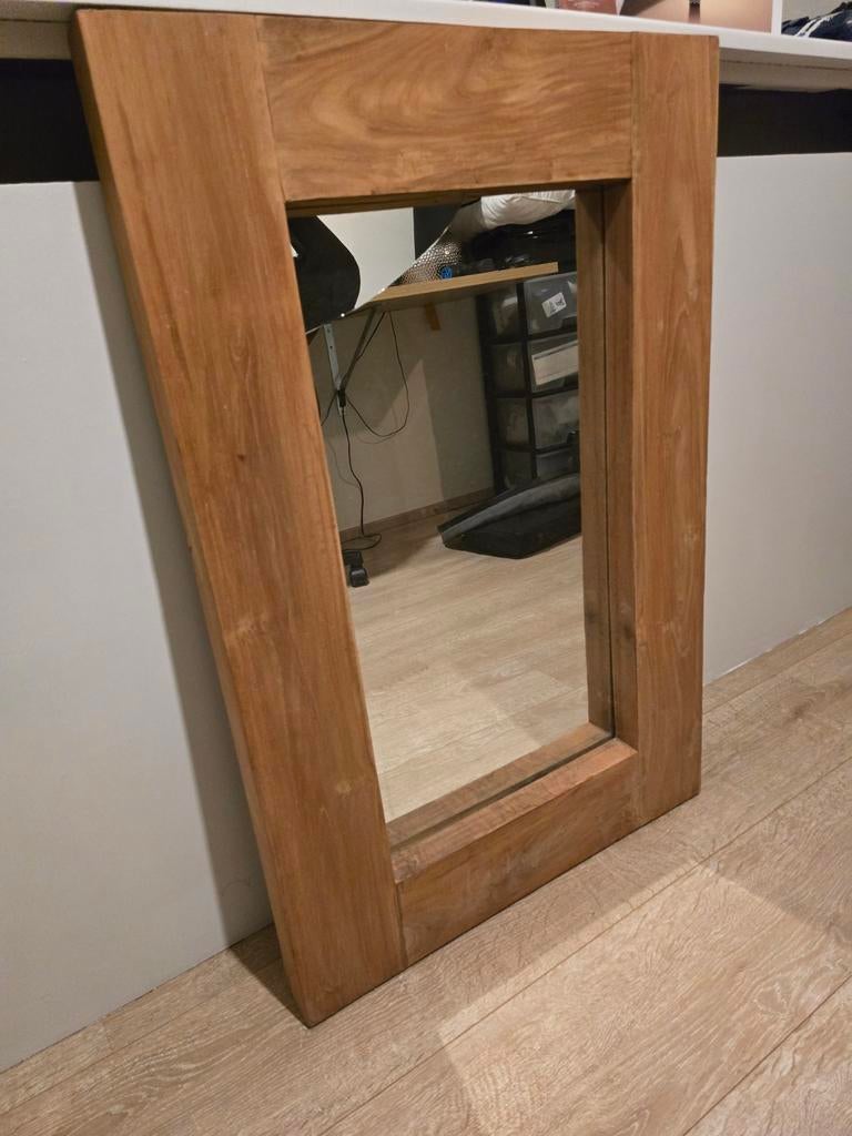 Spiegel met houten kader - 90x60cm, Antiek en Kunst, Ophalen, Rechthoekig, 50 tot 100 cm, Minder dan 100 cm