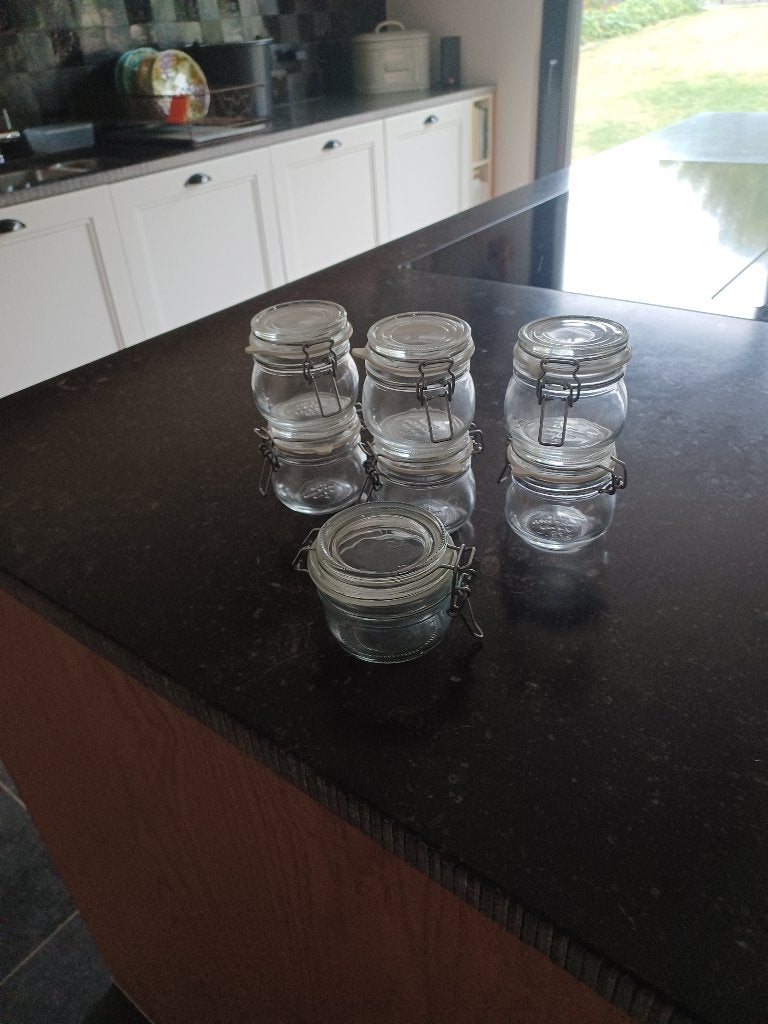 7 steriliseerpotjes, Glas, Ophalen of Verzenden, Zo goed als nieuw, Voorraadpot