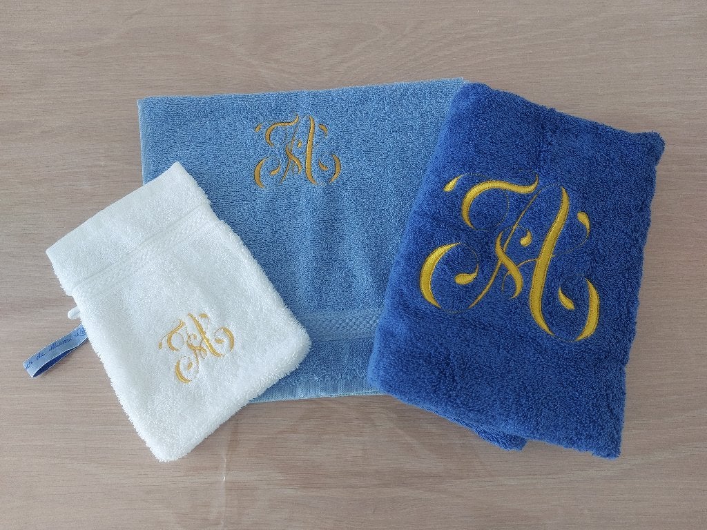 Ensemble de 2 serviettes + 1 gant de toilette brodé, Neuf, Autres marques, Enlèvement ou Envoi, Bleu